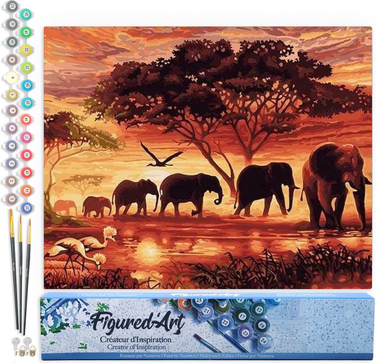 FiguredArt Schilderen op Nummer Volwassenen canvas Olifanten bij zonsondergang - Handwerk acrylverf Kit DIY Compleet - 40x50cm zonder frame